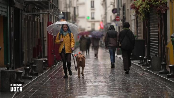 Protégée de la pluie par un parapluie transparent, Violette et son chien Uno marchent dans une rue parisienne